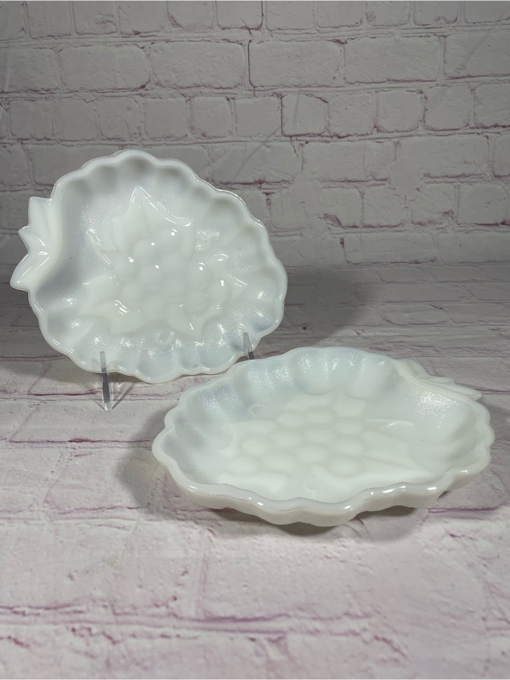 Vintage White Milk Glass Raised Grape Cluster and Leaves Candy Relish Dish Tray